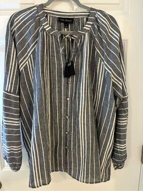 Lane Bryant Gray & White Striped Linen & Cotton Button-Front Peasant Blouse 14